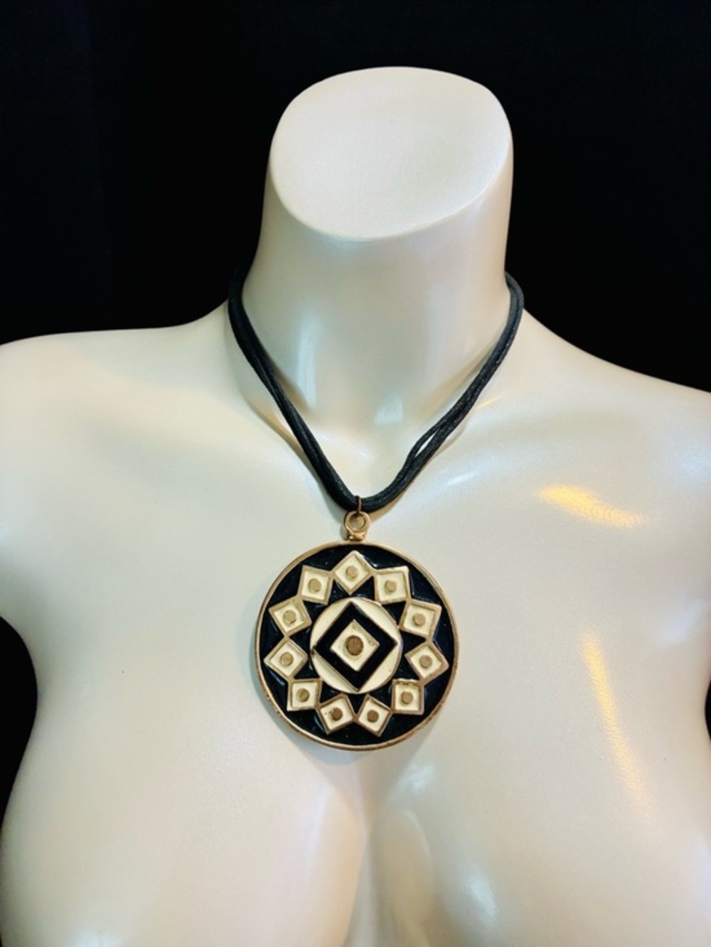 Huge Black and Gold Geometric Medallion Black Corded Necklace - Women Jewelry